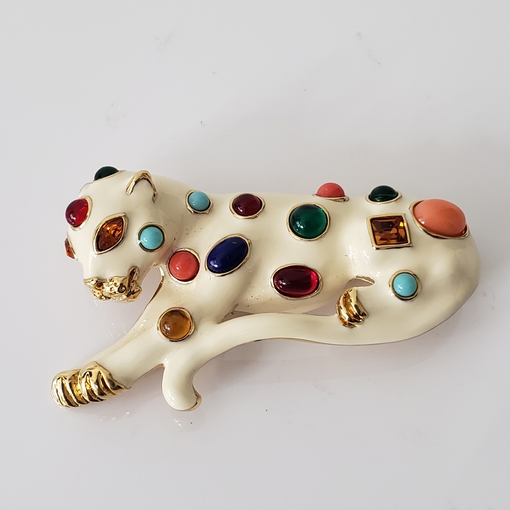 Kenneth Jay Lane Vintage Jeweled Enamel Ivory Cat Brooch/Pin